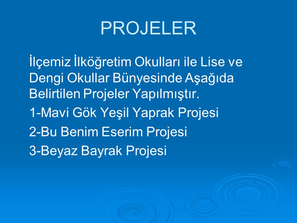 PROJELER İlçemiz İlköğretim Okulları ile Lise ve Dengi Okullar Bünyesinde Aşağıda Belirtilen Projeler Yapılmıştır.
