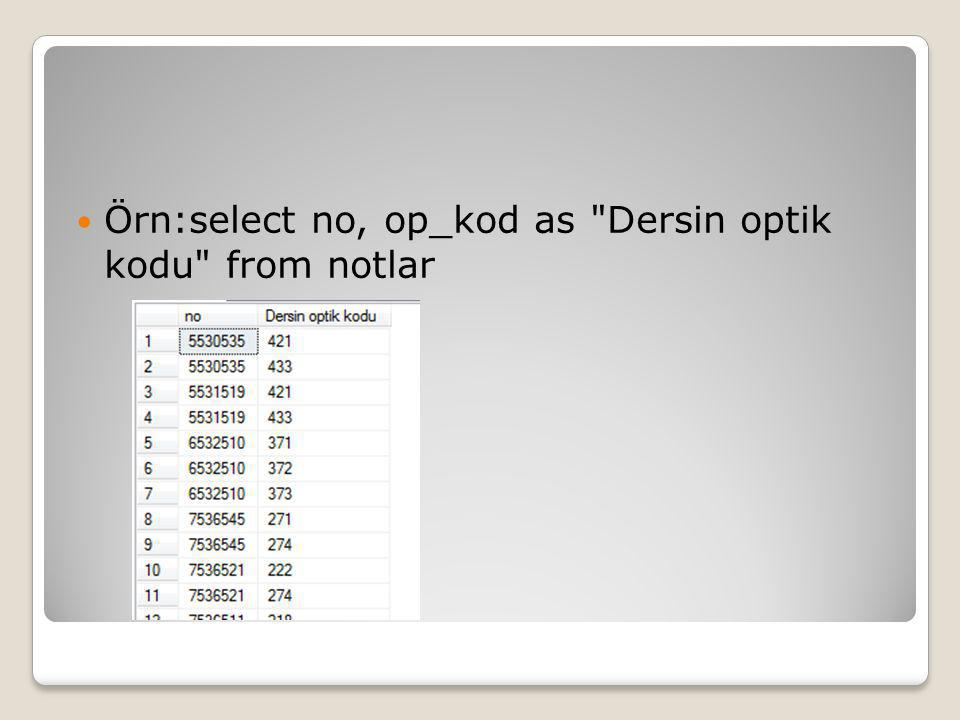 Örn:select no, op_kod as Dersin optik kodu from notlar