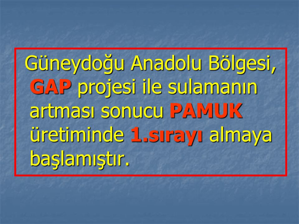 Güneydoğu Anadolu Bölgesi, GAP projesi ile sulamanın artması sonucu PAMUK üretiminde 1.sırayı almaya başlamıştır.