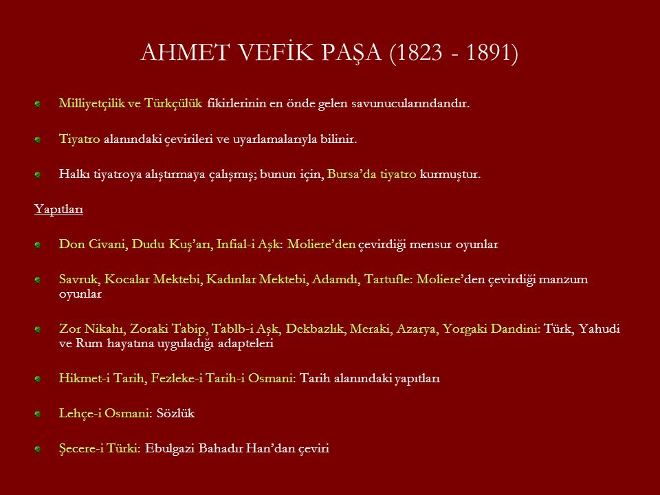 AHMET VEFİK PAŞA ( ) Milliyetçilik ve Türkçülük fikirlerinin en önde gelen savunucularındandır.