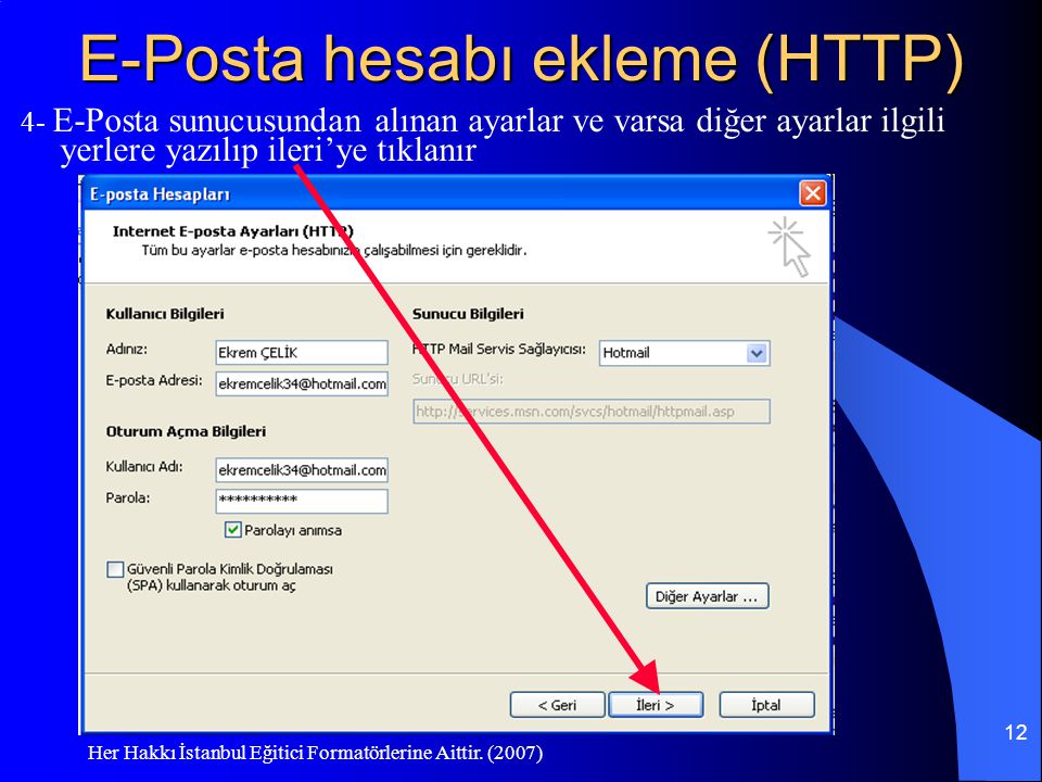 E-Posta hesabı ekleme (HTTP)