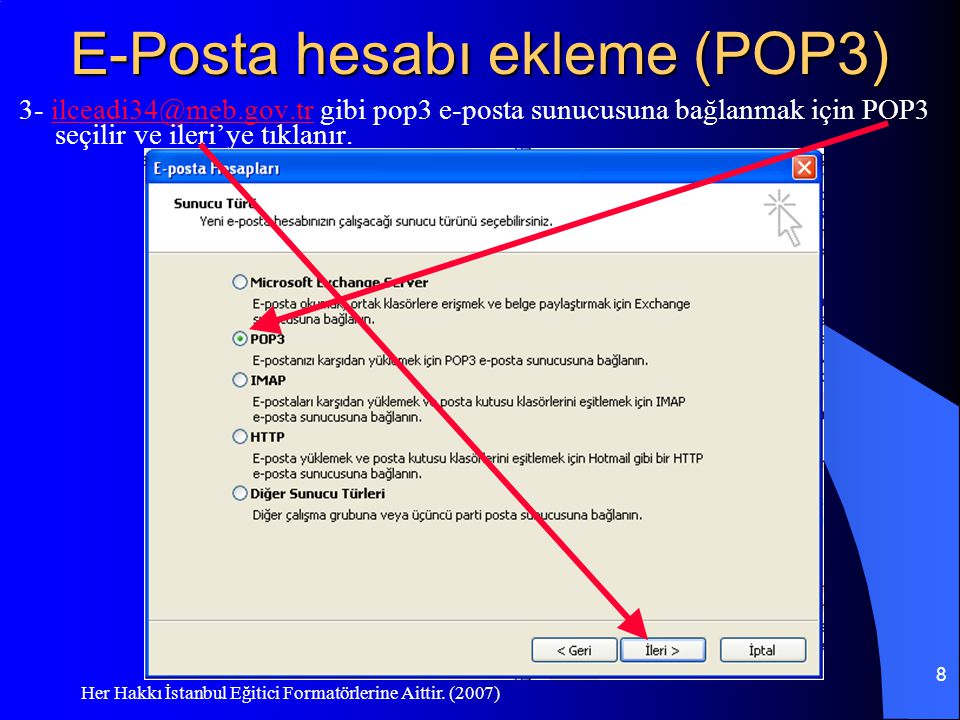 E-Posta hesabı ekleme (POP3)