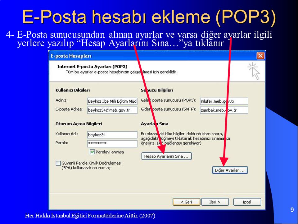 E-Posta hesabı ekleme (POP3)