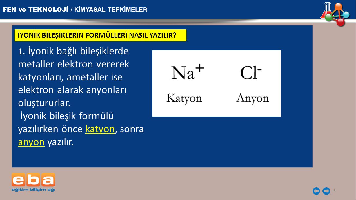 İyonik bileşik formülü yazılırken önce katyon, sonra anyon yazılır.
