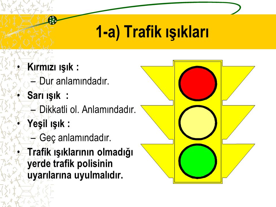 1-a) Trafik ışıkları Kırmızı ışık : Dur anlamındadır. Sarı ışık :