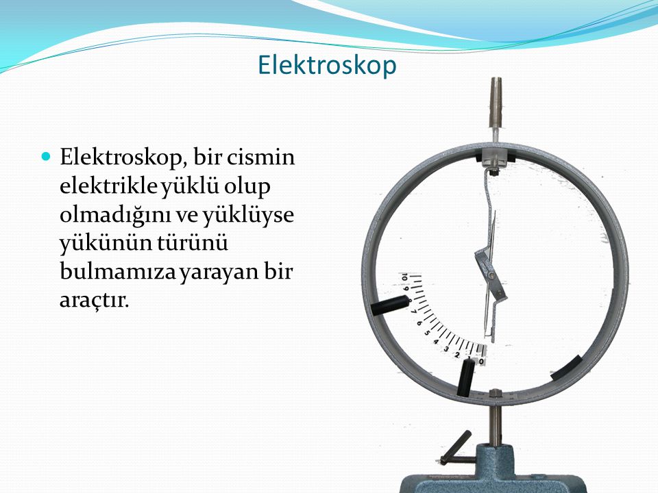 Elektroskop Elektroskop, bir cismin elektrikle yüklü olup olmadığını ve yüklüyse yükünün türünü bulmamıza yarayan bir araçtır.