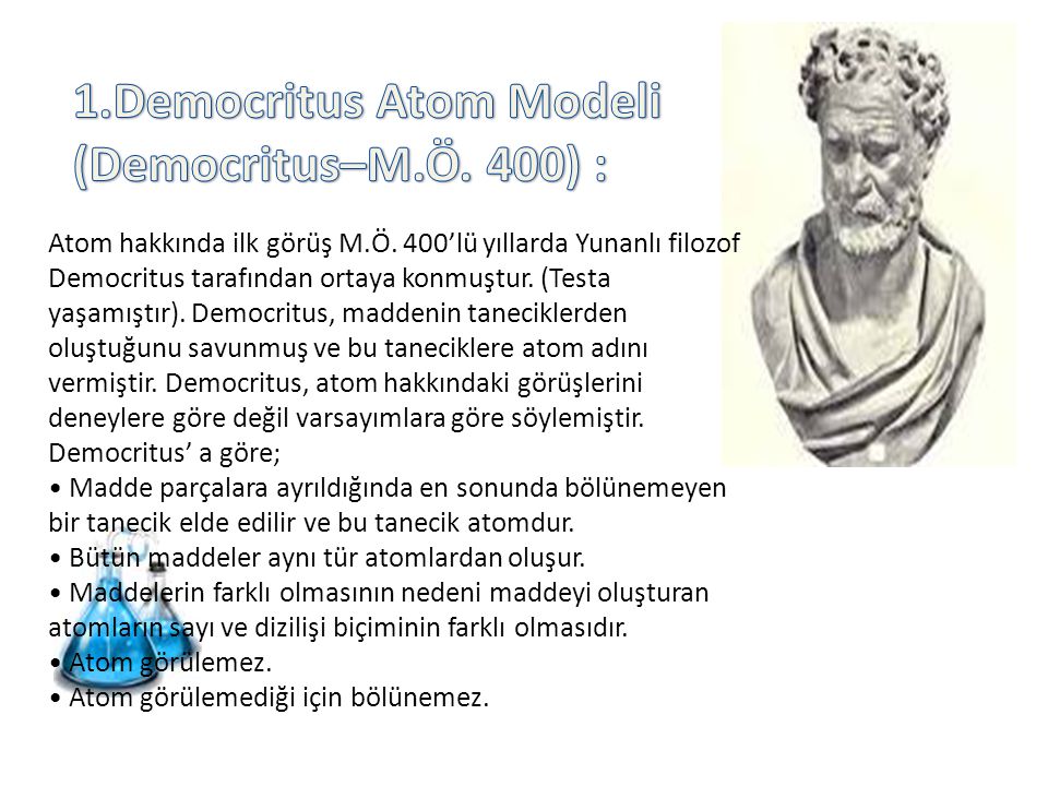 1.Democritus Atom Modeli (Democritus–M.Ö. 400) :