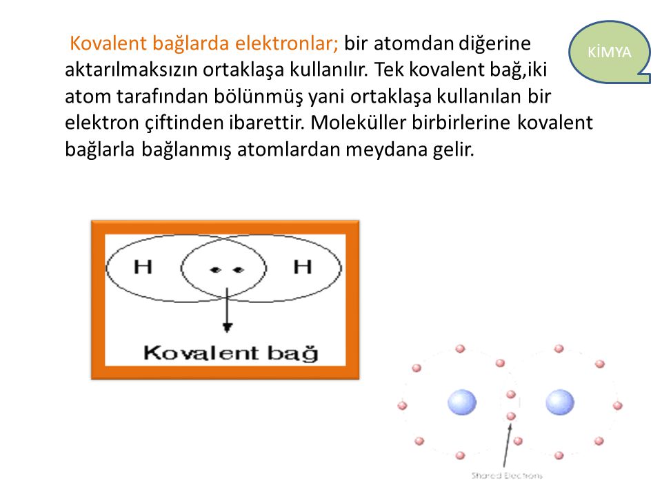 Kovalent bağlarda elektronlar; bir atomdan diğerine aktarılmaksızın ortaklaşa kullanılır.