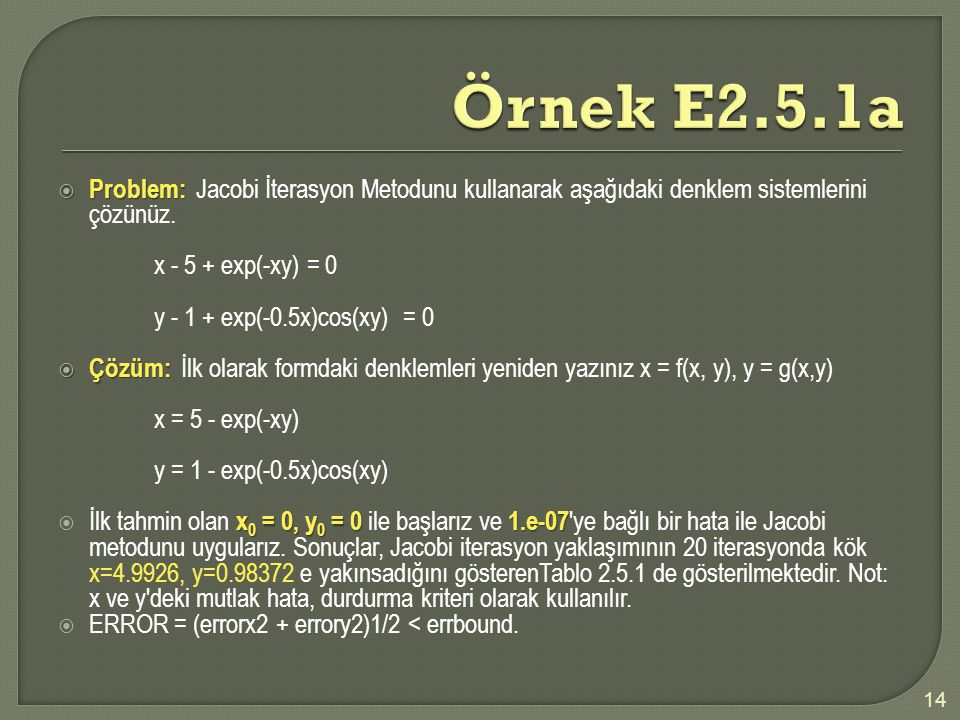 Örnek E2.5.1a Problem: Jacobi İterasyon Metodunu kullanarak aşağıdaki denklem sistemlerini çözünüz.