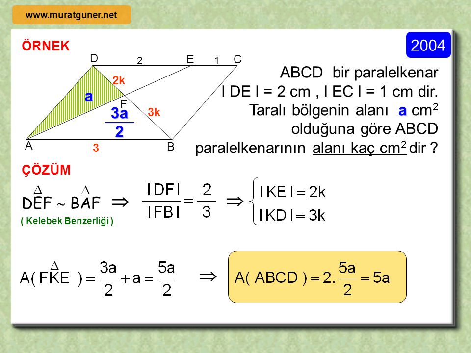    2004 ABCD bir paralelkenar l DE l = 2 cm , l EC l = 1 cm dir.