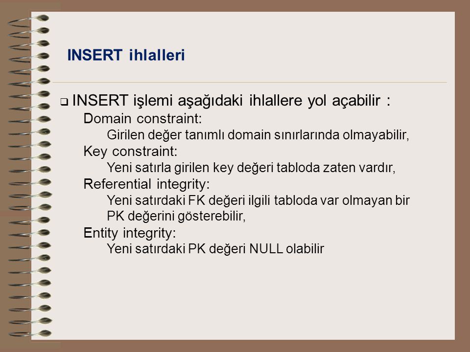 INSERT ihlalleri Domain constraint: Key constraint: