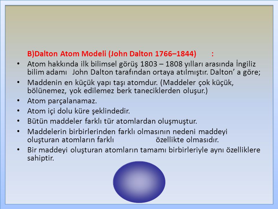 B)Dalton Atom Modeli (John Dalton 1766–1844) :