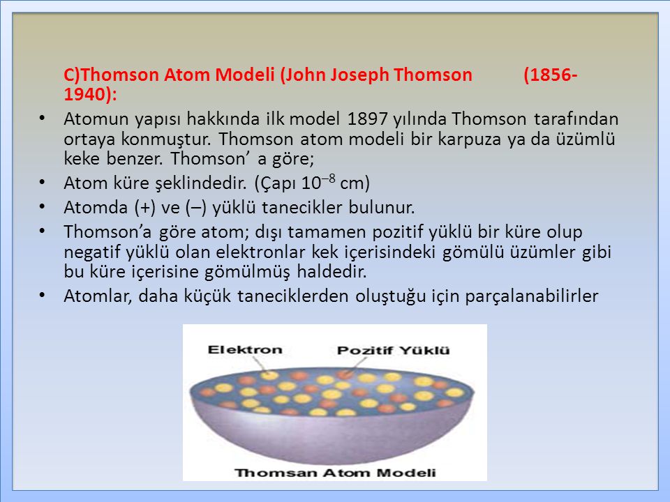 C)Thomson Atom Modeli (John Joseph Thomson ( ):