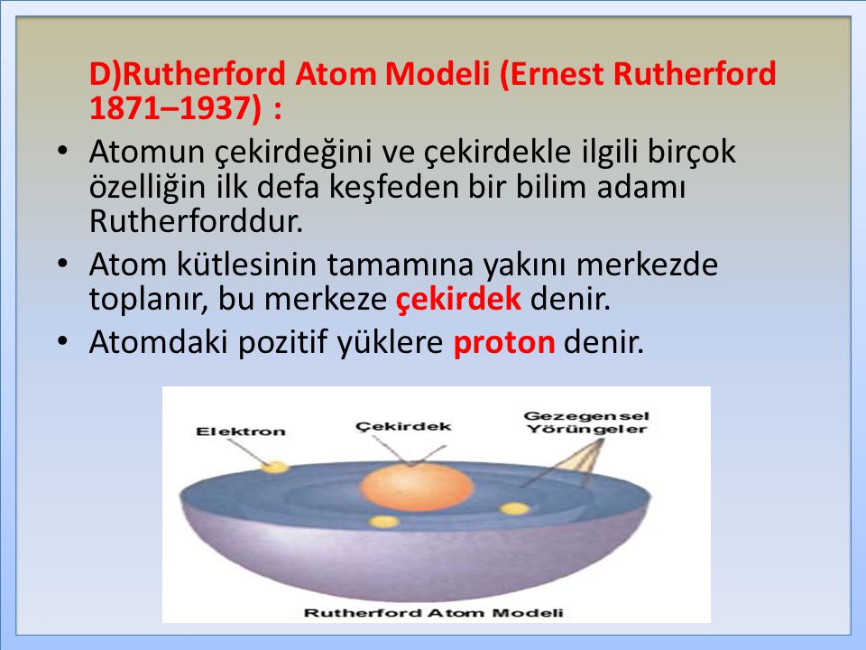 D)Rutherford Atom Modeli (Ernest Rutherford 1871–1937) :