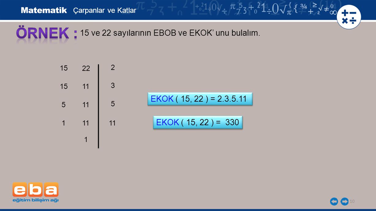 ÖRNEK : 15 ve 22 sayılarının EBOB ve EKOK’ unu bulalım.