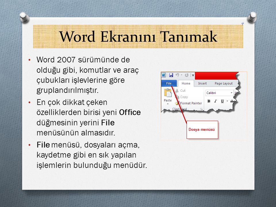 Word Ekranını Tanımak Word 2007 sürümünde de olduğu gibi, komutlar ve araç çubukları işlevlerine göre gruplandırılmıştır.