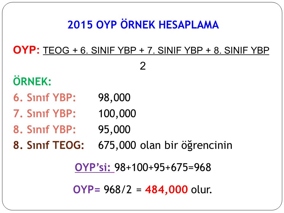 2015 OYP ÖRNEK HESAPLAMA OYP: TEOG + 6. SINIF YBP + 7. SINIF YBP + 8. SINIF YBP. 2. ÖRNEK: 6. Sınıf YBP: 98,000.