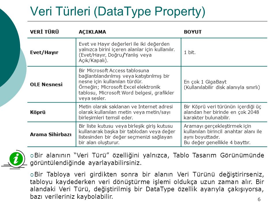 Veri Türleri (DataType Property)