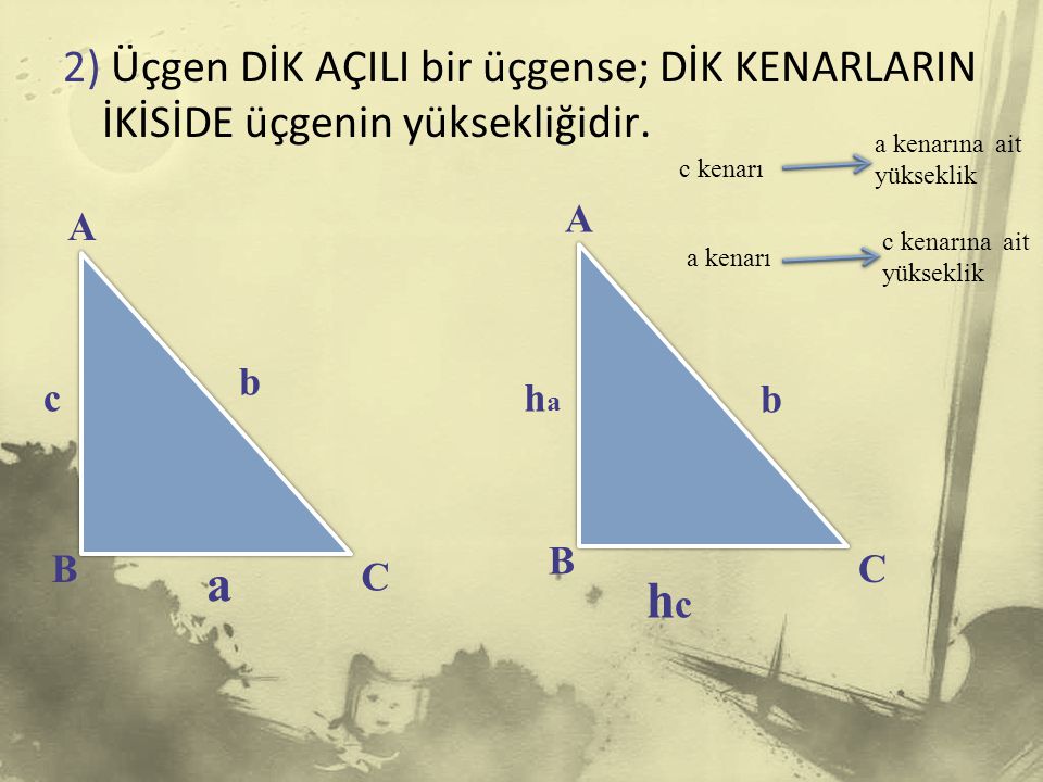 2) Üçgen DİK AÇILI bir üçgense; DİK KENARLARIN İKİSİDE üçgenin yüksekliğidir.