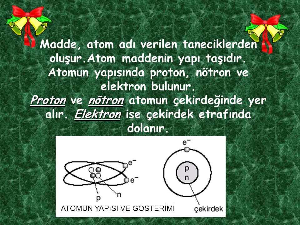 Atomun yapısında proton, nötron ve elektron bulunur.