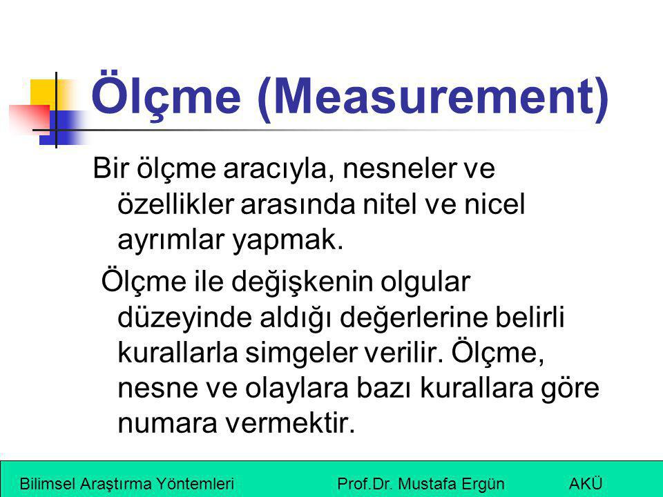 Ölçme (Measurement) Bir ölçme aracıyla, nesneler ve özellikler arasında nitel ve nicel ayrımlar yapmak.