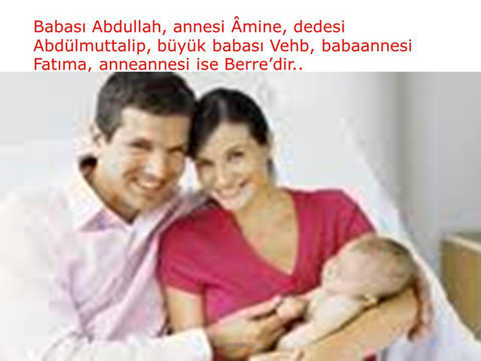 Babası Abdullah, annesi Âmine, dedesi Abdülmuttalip, büyük babası Vehb, babaannesi Fatıma, anneannesi ise Berre’dir..