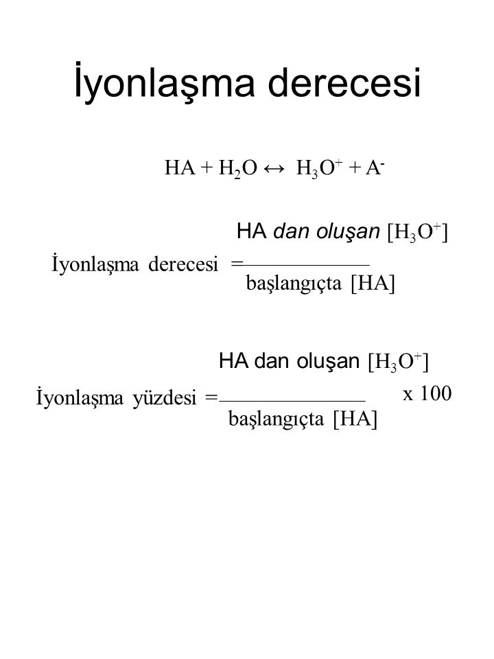 İyonlaşma derecesi HA + H2O ↔ H3O+ + A- HA dan oluşan [H3O+]
