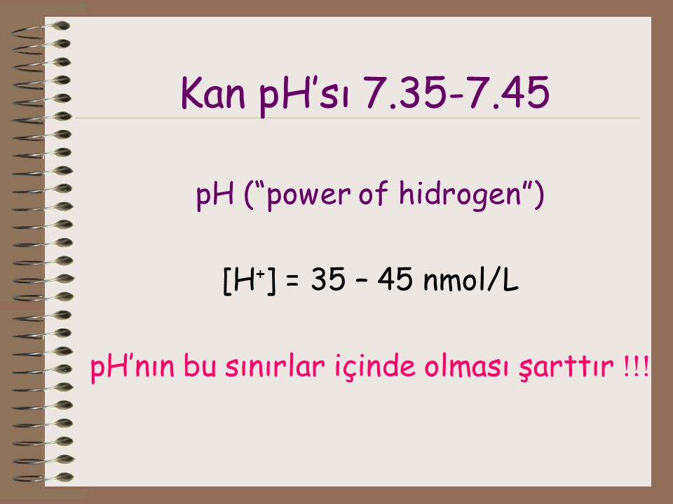 Kan pH’sı pH ( power of hidrogen ) [H+] = 35 – 45 nmol/L