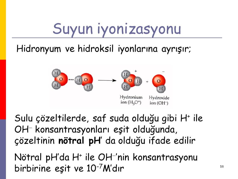 Suyun iyonizasyonu Hidronyum ve hidroksil iyonlarına ayrışır;