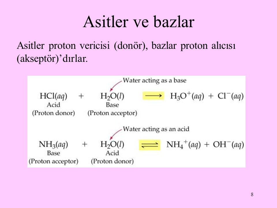 Asitler ve bazlar Asitler proton vericisi (donör), bazlar proton alıcısı (akseptör)’dırlar.