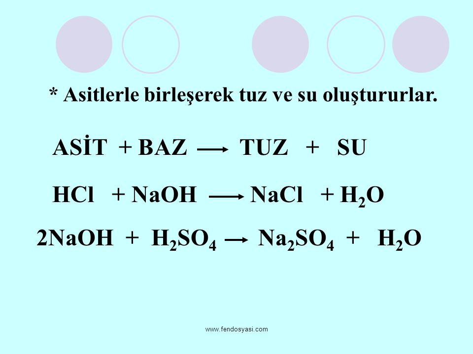 ASİT + BAZ TUZ + SU HCl + NaOH NaCl + H2O 2NaOH + H2SO4 Na2SO4 + H2O