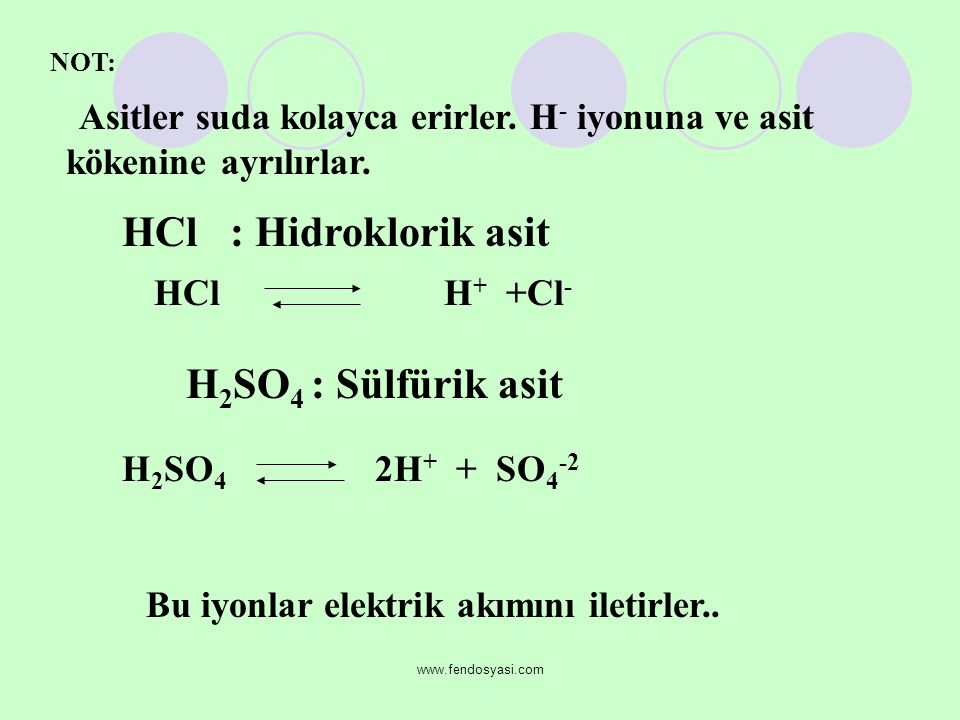 HCl : Hidroklorik asit H2SO4 : Sülfürik asit HCl H+ +Cl-