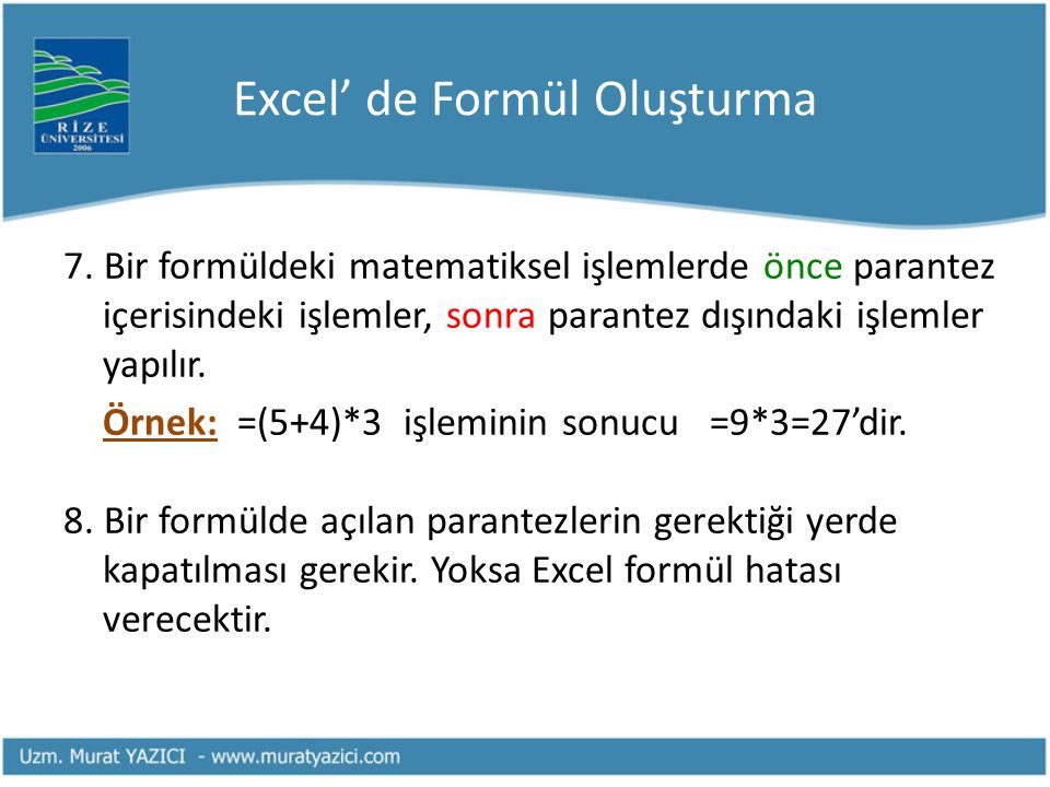 Excel’ de Formül Oluşturma