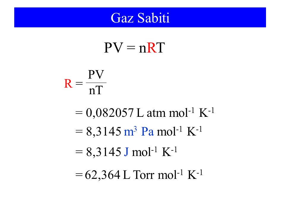 PV = nRT Gaz Sabiti PV R = nT = 0, L atm mol-1 K-1