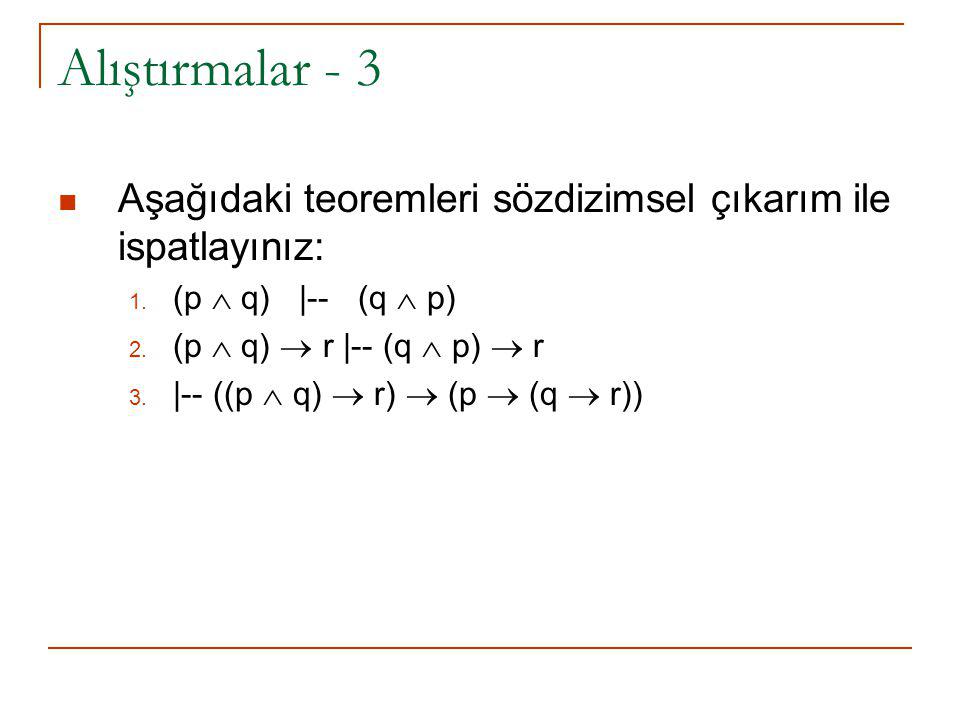 Alıştırmalar - 3 Aşağıdaki teoremleri sözdizimsel çıkarım ile ispatlayınız: (p  q) |-- (q  p)