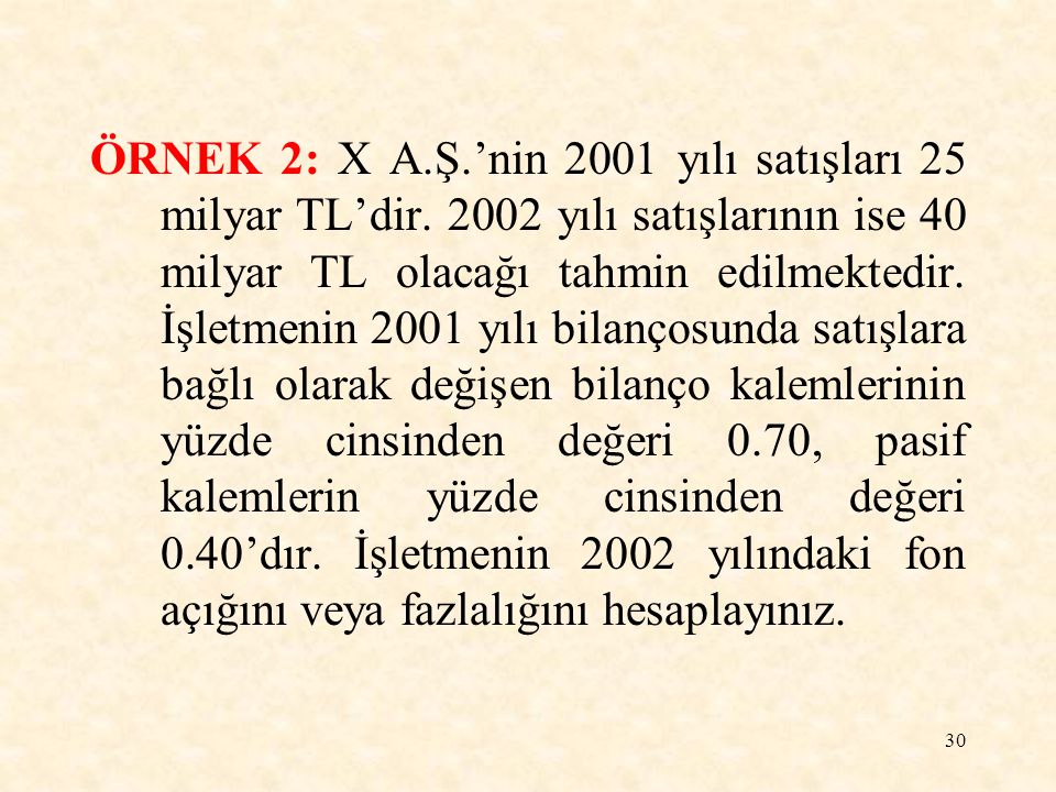 ÖRNEK 2: X A. Ş. ’nin 2001 yılı satışları 25 milyar TL’dir