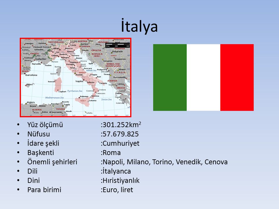 İtalya Yüz ölçümü : km2 Nüfusu :