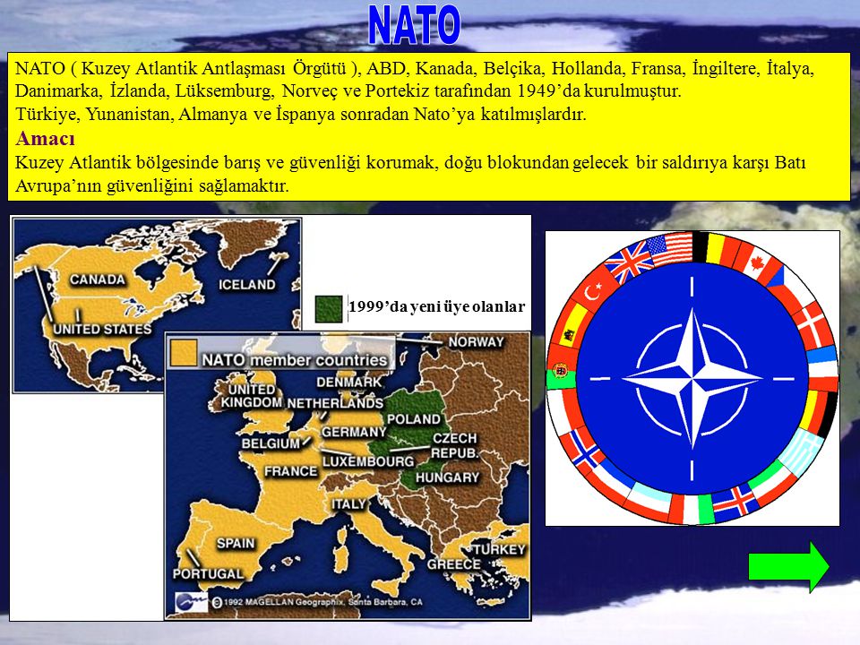 NATO NATO ( Kuzey Atlantik Antlaşması Örgütü ), ABD, Kanada, Belçika, Hollanda, Fransa, İngiltere, İtalya,
