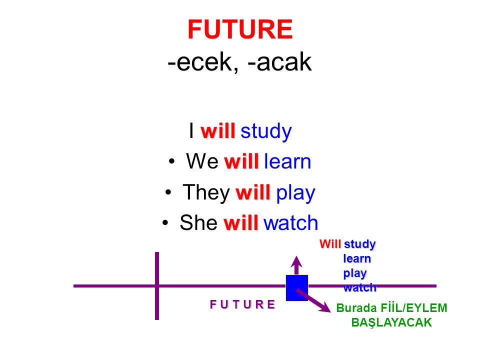 FUTURE -ecek, -acak I will study We will learn They will play