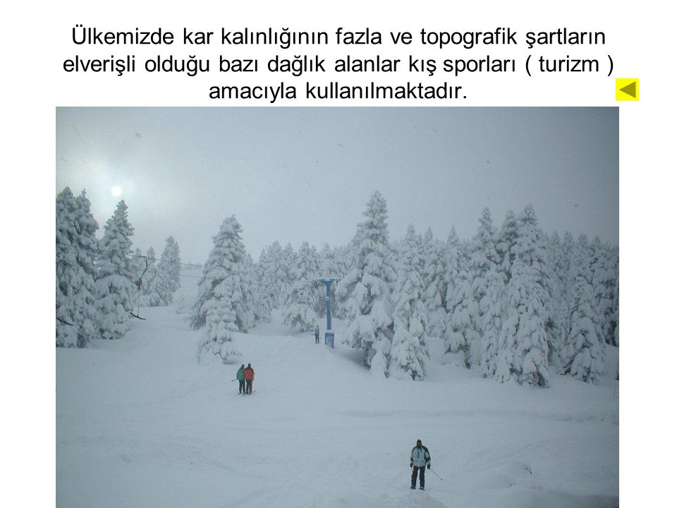 Ülkemizde kar kalınlığının fazla ve topografik şartların elverişli olduğu bazı dağlık alanlar kış sporları ( turizm ) amacıyla kullanılmaktadır.