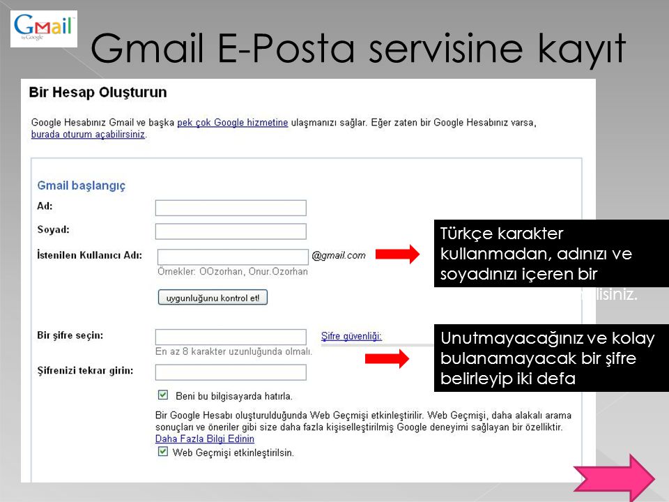 Gmail E-Posta servisine kayıt