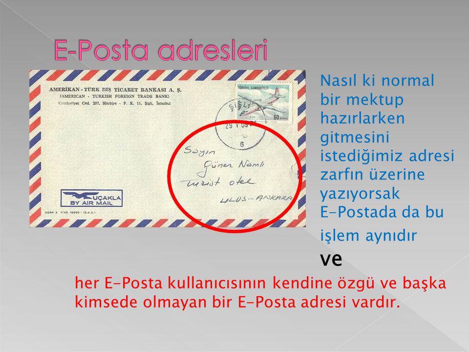 E-Posta adresleri Nasıl ki normal bir mektup hazırlarken gitmesini istediğimiz adresi zarfın üzerine yazıyorsak.