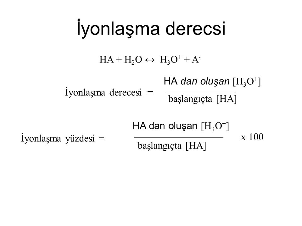 İyonlaşma derecsi HA + H2O ↔ H3O+ + A- HA dan oluşan [H3O+]