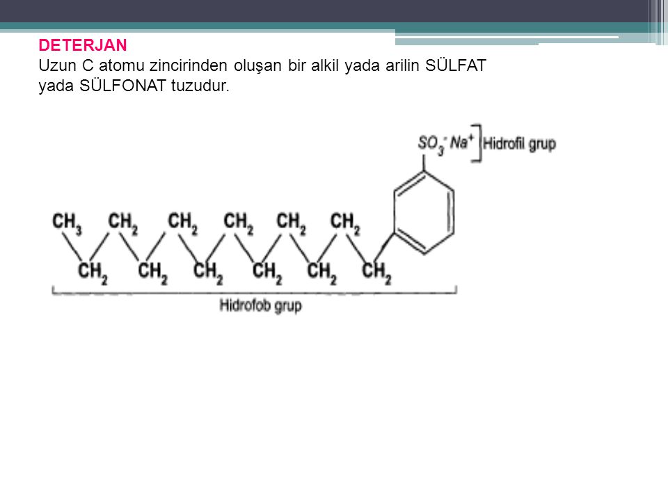 DETERJAN Uzun C atomu zincirinden oluşan bir alkil yada arilin SÜLFAT yada SÜLFONAT tuzudur.