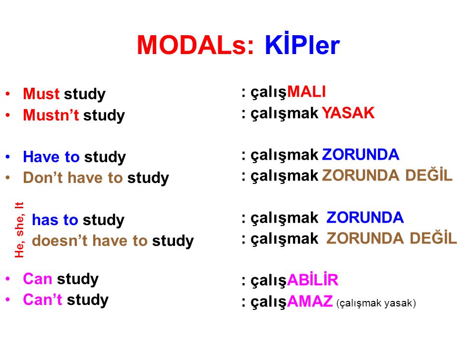 MODALs: KİPler Must study Mustn’t study Have to study