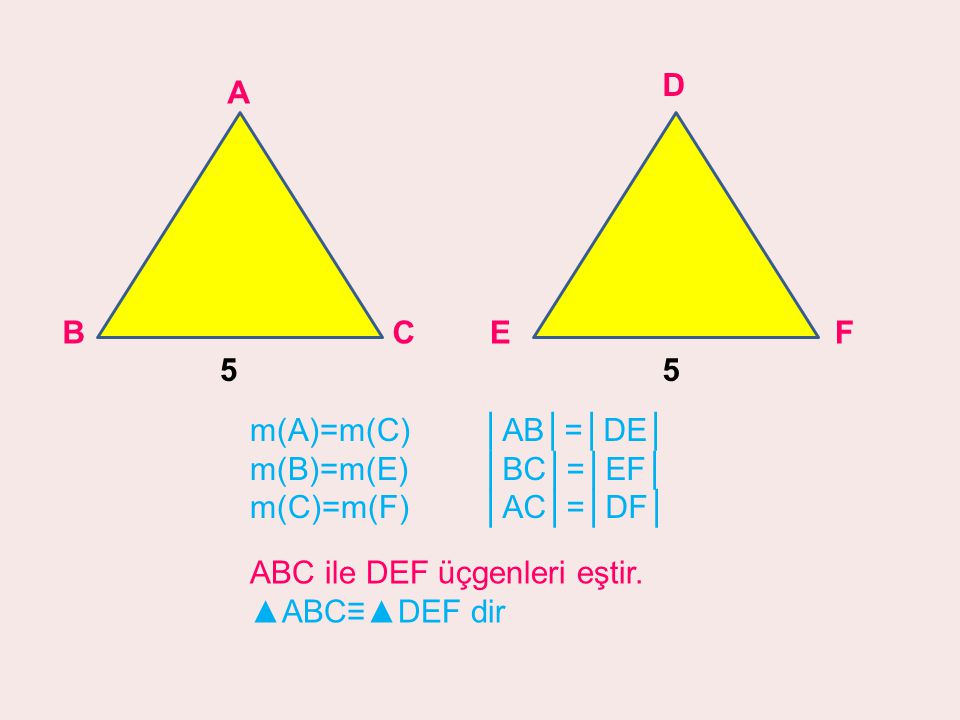 D F. E. 5. A. B. C. 5. m(A)=m(C) m(B)=m(E) m(C)=m(F) │AB│=│DE│ │BC│=│EF│ │AC│=│DF│ ABC ile DEF üçgenleri eştir.