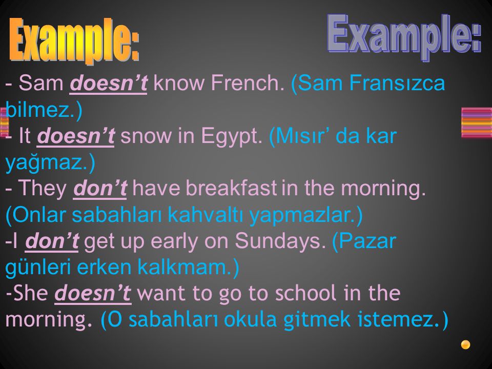 Example: Example: - Sam doesn’t know French. (Sam Fransızca bilmez.)