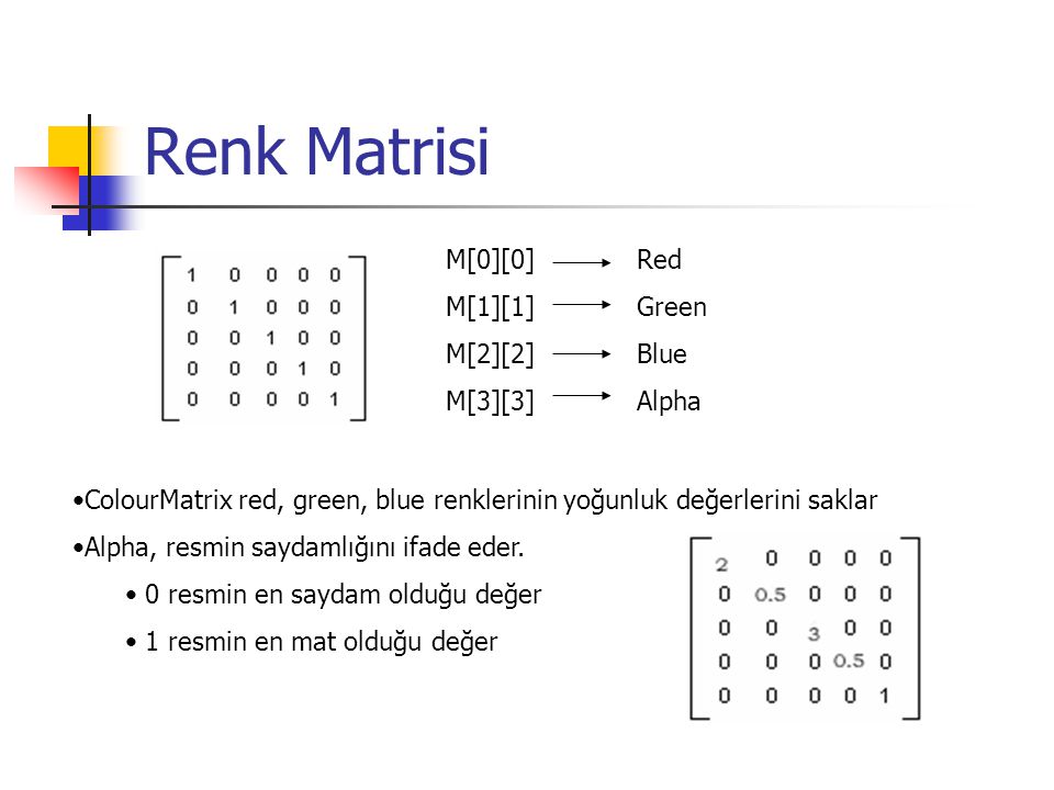 Renk Matrisi M[0][0] M[1][1] M[2][2] M[3][3] Red Green Blue Alpha