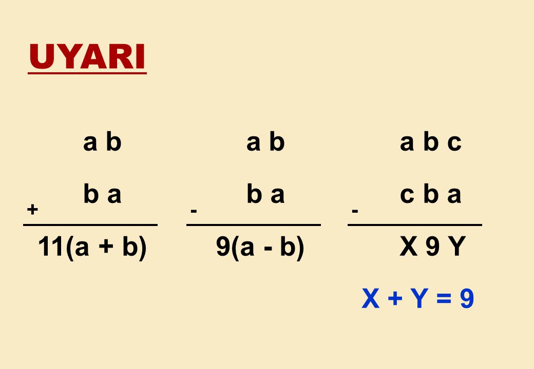 UYARI a b b a 11(a + b) + 9(a - b) - a b c c b a X 9 Y X + Y = 9