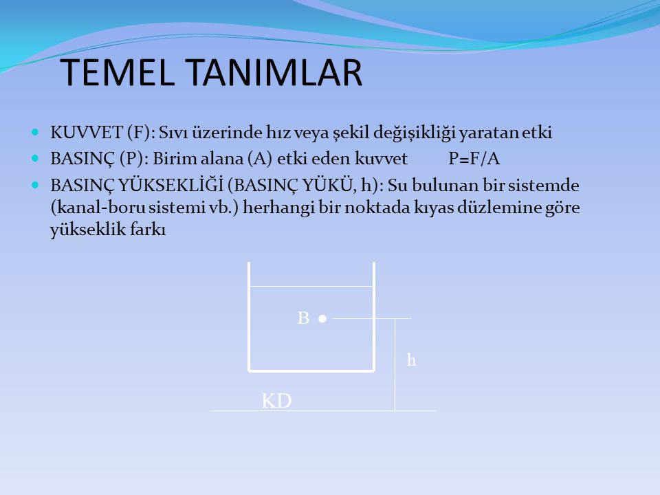 TEMEL TANIMLAR KUVVET (F): Sıvı üzerinde hız veya şekil değişikliği yaratan etki. BASINÇ (P): Birim alana (A) etki eden kuvvet P=F/A.